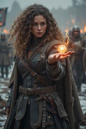 intensely focused Viking woman warrior with curly hair hurling a burning meteorite from her hand towards the viewer, the glowing sphere leaves the woman's body getting closer to the viewer leaving a trail of smoke and sparks, intense battlegrounds in snowy conditions, army banners, swords and shields on the ground 