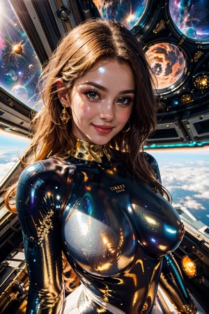 (best quality, masterpiece, perfect face, beautiful and aesthetic:1.2, colorful, dynamic angle, highest detailed face) fashion photography of cute astronaut girl with long iridiscent golden hair, in space (intricate details, hyperdetailed:1.15), detailed, sunlight passing through hair, (beautiful galaxy background), (high contrast, official space art, extreme detailed, highest detailed),(white bodysuit:1.5) HDR,smile, (oil shiny skin:1.2), (big breast:1.3), (perfect anatomy, prefecthand, long fingers, 4 fingers, 1 thumb), 9 head body lenth, breast apart, (upped body:0.9), looking at viewer, pov,hubble,More Detail