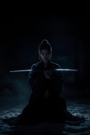 Chiaroscuro Lighting Style, anime_martz, In the pitch-black night, a lone female samurai knee, partially covered in shadows, ls on one knee, the silence around her heavy with tension. Her katana is held horizontally across her chest, the blade glinting faintly in the moonlight. With calm precision, she presses the inside of her arm against the tip of the blade, using the crook of her elbow to stabilize the sword. Her posture is deliberate and controlled, the weapon held firm in a delicate balance between honor and readiness. The dark, cold night amplifies her solitude, as her intense focus reveals both strength and grace in this quiet, poised moment.