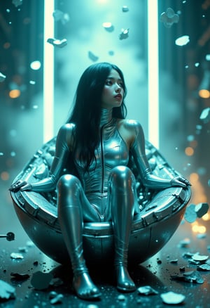 A cinematic film still of a young girl, clad in a metal futuristic bodysuit, sits alone in an artificial egg- shell amidst a futuristic laboratory. Neon lights glow softly, casting intricate shadows on the metallic environment. Fragments of the shell scatter around her, surrounded by advanced electronic devices and atmospheric fog. Particles float in the air as she sits in contemplation. The camera captures a shallow depth of field with a cinematic angle, featuring a beautiful bokeh effect. Vignette and film grain enhance the high-res image's moody, epic atmosphere, with a 4K ultra-detailed finish.