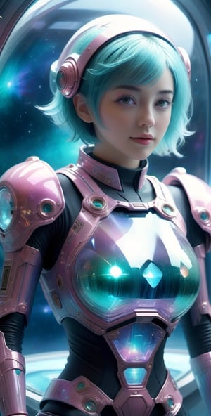 ((full_body)), 18yr old European Girl, AQUA short hair, breathtaking photorealistic photo of girl with aqua hair wearing mech suit indoors (on alien spaceship) by Craig Davison, Dave Dorman, and Drew Struzan, symmetrical outfit. patch panels, computers, buttons, switches, screen, window with a view of outer space. wearing bubble helmet, face visible. high quality, photorealism, chromatic aberration, lens distortion, sharp focus, highest detail.,smile, (huge_boobs:1.8), willowy, chiseled, (hunky:3.0), body Rotation 180 degree,underwater,cinematic_warm_color,girl,DonMC3l3st14l3xpl0r3rsXL