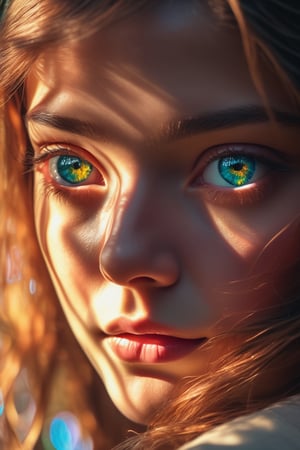 Dappled Light, photo portrait of a character, (Ultra realistic, High quality, Intricate, awesome ultra high resolution movie scene), ((Colorful, Ultra detailed Artificial intelligence)),, colorful, realistic eyes, dreamy magical atmosphere, (skin texture), (film grain), (warm hue, warm tone),  cinematic light, side lighting,