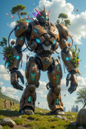 In a sunlit meadow, a colossal, rusted real robot lies, its metal frame home to a vibrant fairy village. The Head serves as town hall, glowing crystal observatories in place of eyes. The Chest cavity bustles with a marketplace, gears repurposed as shop stalls selling tiny wares. Spiral gardens sprout from Arm joints, fingers transformed into bridges connecting treetop homes. Mushroom farms and bioluminescent caves thrive within Leg compartments, while Feet have become communal pools with miniature waterfalls. Clockwork mechanisms adapt into whimsical transport systems throughout. Fairy lights strung across tarnished metal soften harsh edges. Moss and vines envelop the structure, blending nature with machine. Tiny figures flit about, iridescent wings catching sunlight as a harmonious buzz of magical activity fills the air.