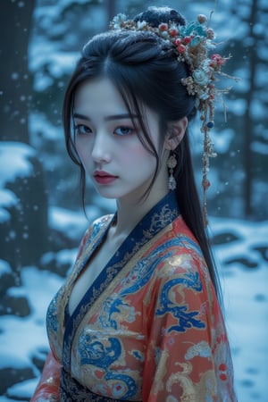 ral-ertmsphr, realistic, detailmaximizer, portrait of a young beautiful Chinese woman with pale skin and long dark hair, blue mystical make up, striking white eyes with ,  pale blue lips. She wears an ornate, traditional garment in red gold and blue with dragon-like designs on the shoulders. Set against a blurred snowy landscape with dark rocks and trees creating a serene mystical atmosphere. The style focuses on realistic textures, intricate details, and ethereal beauty, evoking a contemplative, mystical mood. highly detailed background,