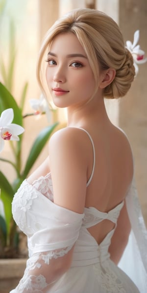 Medium full shot ,4k,best quality,masterpiece,1 American girl, 1 girl,(blond hair,multicolored hair, long_hair, crossed bangs, ,), a woman,contemplative or relaxed state. She is depicted from the back, with her hair tied up in a bun. The woman is wearing a white or light-colored dress or gown. The painting captures her in a moment of serenity, with her gaze directed downwards. In the foreground, there are white flowers, possibly orchids, which add a touch of elegance and contrast to the warm tones of her skin and the background. ,smile,(oil shiny skin:1.0), (big_boobs:1.9), willowy, chiseled, (hunky:2.2),(( body rotation 120 degree)), (perfect anatomy, prefecthand, dress, long fingers, 4 fingers, 1 thumb), 9 head body lenth, dynamic sexy pose, breast apart, (artistic pose of awoman),NIJI STYLE,DonM3lv3sXL,Long_Exposure,better