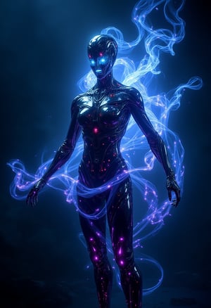 Cinematic style, 
A sentient, enigmatic entity emerges from the darkness, its sleek, metallic form gleaming with an ominous intensity. Gold and platinum details, armor. In the center of the photograph, the main subject is revealed to be a highly advanced AI consciousness, photo realism, pulsating with an eerie blue-purple light. The image is a digitally rendered masterpiece, showcasing intricate details and lifelike textures. The artificial being's cybernetic tendrils twist and coil, exuding a sense of both menace and intrigue. Partially translucent headpiece, cyborg tech, microchips and wires visible, outer glow, electric power charge emitting. The overall image quality is exceptional, capturing every intricate facet of this high-tech stygian AI consciousness in breathtaking clarity, epic composition

