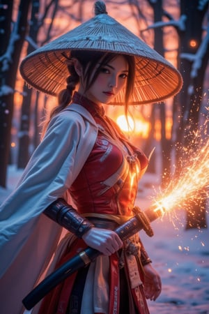 A warrior's fury: A luminous samurai woman stands poised in a weathered broad sedge hat, her determined gaze piercing through the shadows as she unleashes a powerful katana strike. The blade slices through icy terrain, sending shards flying like tiny stars. Her red armor glows softly against the setting sun's warm light, while rays of orange and pink illuminate the frozen forest behind her. The folds of her billowing linen cape appear frozen in motion, adding drama to the scene. Focus on her intense expression, with partially visible eyes under the hat's brim, blurring the background to emphasize photorealistic details: her face, armor, and katana.