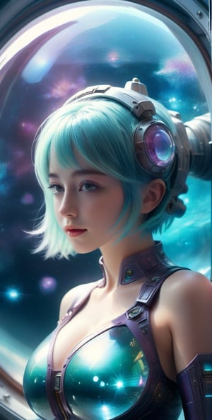 ((full_body)), 18yr old European Girl, AQUA short hair, breathtaking photorealistic photo of girl with aqua hair wearing mech suit indoors (on alien spaceship) by Craig Davison, Dave Dorman, and Drew Struzan, symmetrical outfit. patch panels, computers, buttons, switches, screen, window with a view of outer space. wearing bubble helmet, face visible. high quality, photorealism, chromatic aberration, lens distortion, sharp focus, highest detail.,smile, (huge_boobs:1.8), willowy, chiseled, (hunky:3.0), body Rotation 180 degree,underwater,cinematic_warm_color,girl,DonMC3l3st14l3xpl0r3rsXL