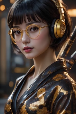 (Blurry background:1.3) A stunning Korean beauty model, with (super very black short hair:1.3) and blunt bangs, donning (yellow underrim glasses:1.3) and (headphones:1.3), gazes directly at the viewer with a radiant smile, her (extremely detailed beautiful girl:1.3) features illuminated by soft ambient light. Her piercingly big eyes, highlighted by thick eyelashes and subtle blush, seem to sparkle like gemstones in the warm cinematic lighting. The focus is on her captivating face, with an evil smile spreading across her mouth, and a hint of mischief in her gaze. A katana rests over her shoulder, adding to her enigmatic aura. Her figure is clad in a stunning kimono, its intricate designs rendered in exquisite detail. As she poses, her (18yo:1.3) beauty radiates, with an air of confidence and sophistication, making this a truly breathtaking masterpiece.