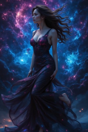 masterpiece, best quality, ultra high res, (abstract art:1.3), (dark theme:1.2), art, stylized, deep shadow, dark theme, 1girl, cosmic dress, cosmic beauty, in space, nebula