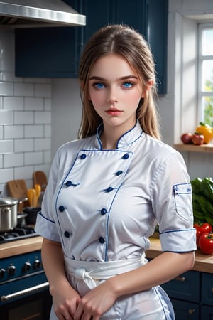 A 18-year-old young female chef posing in the kitchen Generate hyper realistic image of a woman wears nudity,and soft blue eyes.  Set the scene in a kitchen,up close,sexy,teasing,huge breast