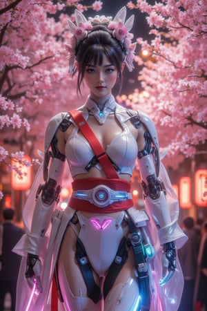 A majestic cyborg geisha stands amidst a sea of blooming cherry blossoms, bathed in warm, dreamy lighting that accentuates her photorealistic features and high-gloss white plastic body. Her striking blue eyes sparkle like gemstones as she looks directly at the audience, her short black hair framing her perfect face with subtle layers. The red diagonal belt carries an exaggerated mechanical Japanese samurai sword, while a traditional k