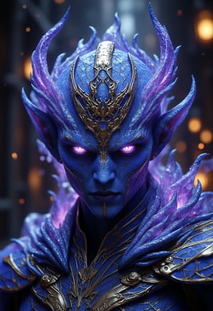 Cinematic style, 
A sentient, enigmatic entity emerges from the darkness, its sleek, metallic form gleaming with an ominous intensity. Gold and platinum details, armor. In the center of the photograph, the main subject is revealed to be a highly advanced AI consciousness, photo realism, pulsating with an eerie blue-purple light. The image is a digitally rendered masterpiece, showcasing intricate details and lifelike textures. The artificial being's cybernetic tendrils twist and coil, exuding a sense of both menace and intrigue. Partially translucent headpiece, cyborg tech, microchips and wires visible, outer glow, electric power charge emitting. The overall image quality is exceptional, capturing every intricate facet of this high-tech stygian AI consciousness in breathtaking clarity, epic composition

