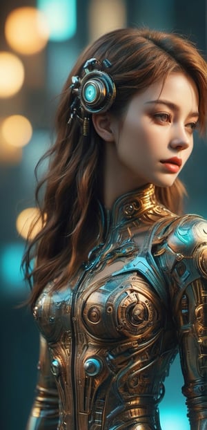 ((medium shot)), (RAW photo, best quality), (realistic, photo-Realistic:1.3), Imagine a beautiful cyborg with a translucent glowing glass body with colorful electronic mecha part and clockwork completely visible through her translucent glass body walking through a futuristic city, flowy hair, fantasy, work of beauty and complexity, 8k UHD, hyperdetailed ultrarealistic face, hazel eyes ,cyborg style, glowing translucent glass, amber glow,steampunk style, glass body, 80mm digital photo , wide_hips, translucent seethrough glass like body,Leonardo Style,cyberpunk style, iridescent glow,glasstech,,smile, (oil shiny skin:1.0), (big_boobs:2.8), willowy, chiseled, (hunky:2.4),(( body rotation -35 degree)), (upper body:0.8),(perfect anatomy, prefecthand, dress, long fingers, 4 fingers, 1 thumb), 9 head body lenth, dynamic sexy pose, breast apart, (artistic pose of awoman),chrometech,surface imperfections,steampunk,bubbleGL,neotech,ste4mpunk,DonMM00m13sXL