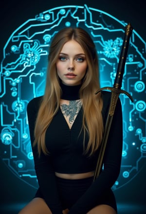  a woman with a dragon tattoo and long blonde hair, sitting gracefully with her sword by her side, against a detailed circuit board background. The circuit board is illuminated with blue lights and complex patterns. Her expression is calm and composed, and the lighting is soft, highlighting her features and the tattoo. The camera shot is a wide shot, capturing her full body and the detailed background.