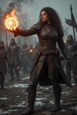 intensely focused Viking woman warrior with curly hair hurling a burning meteorite from her hand towards the viewer, the glowing sphere leaves the woman's body getting closer to the viewer leaving a trail of smoke and sparks, intense battlegrounds in snowy conditions, army banners, swords and shields on the ground 