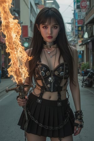 A photorealistic illustration depicts a mesmerizing blonde beauty in a dystopian urban setting, shot on Canon EOS R6. The subject's long, black hair cascades down her back, striking red eyes gleaming with confidence and mystery. She wears a pleated skirt adorned with jewelry and a thigh strap, her blunt bangs framing pale skin and black nails. In one hand, she grasps a massive mechanical sword, intricate gears and rivets contrasting with her delicate features. Chains wrap around the other hand, adding to the enigmatic aura. Her gaze meets the viewer's, exuding youthfulness and whimsy, reflecting the unique Xianji subculture. , as huge fire crackles from her sword,