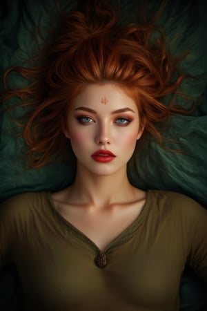 A fiery-haired wild girl sprawls across the canvas, her tousled locks framing her striking features under dramatic lighting. Her piercing eyes gleam with a hint of mischief, as she reclines on a lush green background, her perfect physique accentuated by the bold brushstrokes. The vibrant red lipstick and detailed facial features are illuminated from above, casting a warm glow on her porcelain skin. The overall atmosphere is one of raw energy, as if the wild girl might spring to life at any moment.,Midjourney_Whisper