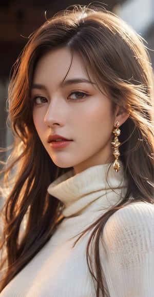 masterpiece, high-quality realistic photo, high resolution photo, high-quality, 8K, natural and soft lighting, high contrast, sharp-focus, (detailed face:1.1), in the city, beautiful-european-1girl, fair smooth skin, gold long hair, hair blowing in the wind, dull bangs, red lips, big earing, (white turtleneck sweater, jeans),Realism,smile, (oil shiny skin:1.3), (huge_boobs:1.7), willowy, chiseled, (hunky:1.8), body turn 6 degree, (perfect anatomy, prefecthand, dress, long fingers, 4 fingers, 1 thumb), 9 head body lenth, dynamic sexy pose, breast apart, (cowboy shot), (artistic pose of a woman), ,Movie ,ff14bg,chrometech,glitter