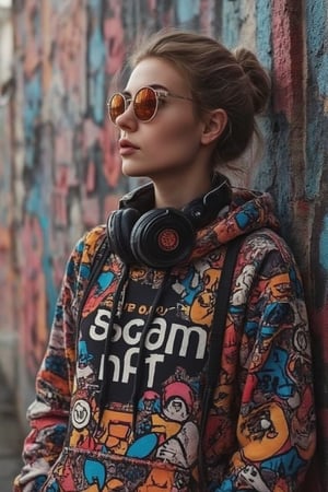 A vibrant hyper-realistic portrait of a confident Russian woman standing before a bold graffiti wall, her stylish glasses reflecting the colors of the urban canvas. She wears a brightly colored 'scam nft' hoodie adorned with cartoon graphics, large headphones draped around her neck. The painting's dynamic composition blends Möbius-inspired curves, glitch art textures, and ukiyo-e patterns, evoking a sports poster's energy and capturing the essence of modern street culture in meticulous detail.