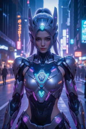  A photorealistic portrait of a royal knight girl in futuristic armor, with sleek, metallic surfaces that reflect a neon-lit cityscape. The armor is intricately detailed with holographic emblems and glowing circuits, giving it a high-tech, regal appearance. The knight’s face is partially covered by a transparent, visor-like helmet, revealing sharp, noble features and piercing eyes. The background is a bustling futuristic city with towering skyscrapers and flying vehicles, bathed in cool blue and purple hues.