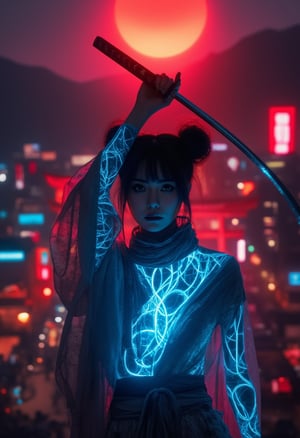 (An overhead close-up shot captures the cyborg warrior as she lifts her katana high above her head, the blade dominating the frame and glowing with the crimson light of the red moon. The focus shifts from the sharp edge of the katana to her mechanical jaw and intense eyes beneath her short, double pom-pom hair. Her baggy kimono and flowing scarf add intricate textures to the scene as they ripple in the wind. In the background, blurred out, two mountains and a giant torii gate loom under the red moonlight, with volumetric fog and cyan-red lights creating an otherworldly ambiance retro cyberpunk girl, (kyoto street background:1.1),cyberhelmet, unzip sleeves,(((Her porcelain skin glows softly beneath holographic projections refracting light:1.2), highlighting intricate neon cablework within her transparent torso.  blue LED lights tracing her arm create an artful display of intensity.))),