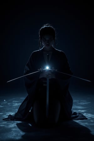 Chiaroscuro Lighting Style, anime_martz, In the pitch-black night, a lone female samurai knee, partially covered in shadows, ls on one knee, the silence around her heavy with tension. Her katana is held horizontally across her chest, the blade glinting faintly in the moonlight. With calm precision, she presses the inside of her arm against the tip of the blade, using the crook of her elbow to stabilize the sword. Her posture is deliberate and controlled, the weapon held firm in a delicate balance between honor and readiness. The dark, cold night amplifies her solitude, as her intense focus reveals both strength and grace in this quiet, poised moment.