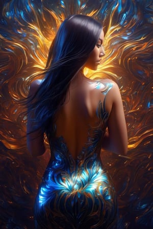 rear view, Wide-angle viewed from above, create a artistic portrait of a beautiful woman with wet hair, her body is covered in sleek coloful iridescent oil with glowing fractal elements, ultradetailed ultrarealistic face, Harrison fisher style, work of beauty and inspiration, 8kUHD , close-up ,monster,Extremely Realistic, golden hour , long black hair, foliage and flowers background,cyberpunk style,DonMM4g1cXL,neon,smile, (oil shiny skin:1.0), (big breast:1.0), (perfect anatomy, prefecthand, dress, long fingers, 4 fingers, 1 thumb), 9 head body lenth, dynamic sexy pose, breast apart, (cowboy shot:1.0), looking at viewer, (viewed_from_behind:1.3),