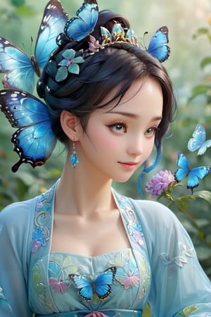 8k, (absurdres, highres, ultra detailed),1LADY. light blue butterfly (transparent, luminous), different world letters, pastel colors, fantasy world, Art Nouveau, Alphonse Mucha,szhf dress, smile, (oil shiny skin:1.2), (big breast:1.3), (perfect anatomy, prefecthand, dress, long fingers, 4 fingers, 1 thumb), 9 head body lenth, dynamic sexy pose, breast apart, (upper body:0.8), looking at viewer, (viewed_from_side:1.7),