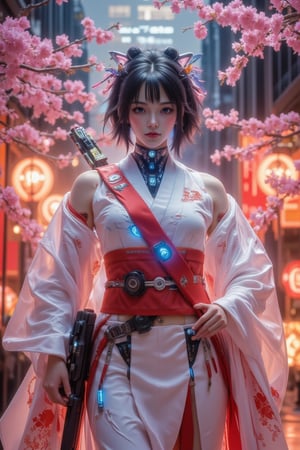 A majestic cyborg geisha stands amidst a sea of blooming cherry blossoms, bathed in warm, dreamy lighting that accentuates her photorealistic features and high-gloss white plastic body. Her striking blue eyes sparkle like gemstones as she looks directly at the audience, her short black hair framing her perfect face with subtle layers. The red diagonal belt carries an exaggerated mechanical Japanese samurai sword, while a traditional k