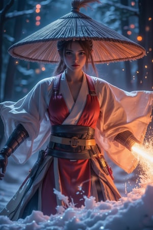 A warrior's fury: A luminous samurai woman stands poised in a weathered broad sedge hat, her determined gaze piercing through the shadows as she unleashes a powerful katana strike. The blade slices through icy terrain, sending shards flying like tiny stars. Her red armor glows softly against the setting sun's warm light, while rays of orange and pink illuminate the frozen forest behind her. The folds of her billowing linen cape appear frozen in motion, adding drama to the scene. Focus on her intense expression, with partially visible eyes under the hat's brim, blurring the background to emphasize photorealistic details: her face, armor, and katana.