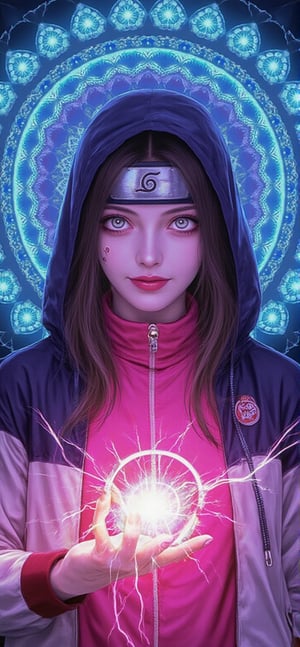 Upper body,4k,best quality,masterpiece, Photo,realistic,hud,Hinata Hyuga - Naruto Shippuden, masterpiece, best quality,1girl, long hair, two-tone jacket, white eyes, no pupils, hood down, konohagakure symbol, forehead protector,smile, upper body, solo, looking at viewer, simple background
 . (((her hand crackling with huge fire power as she gazes directly at the camera,. The colorfully neon light of chakra shines through the head, chest, and abdomen, Behind her, a radiant, magical mandala-like aura of glowing, icy patterns spreads out, adding an ethereal and divine presence,)))