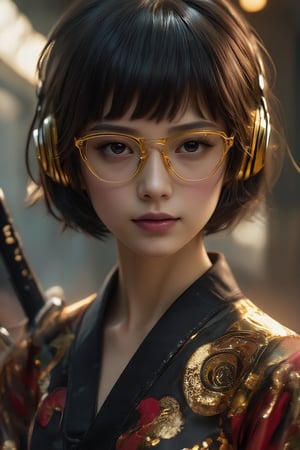 (Blurry background:1.3) A stunning Korean beauty model, with (super very black short hair:1.3) and blunt bangs, donning (yellow underrim glasses:1.3) and (headphones:1.3), gazes directly at the viewer with a radiant smile, her (extremely detailed beautiful girl:1.3) features illuminated by soft ambient light. Her piercingly big eyes, highlighted by thick eyelashes and subtle blush, seem to sparkle like gemstones in the warm cinematic lighting. The focus is on her captivating face, with an evil smile spreading across her mouth, and a hint of mischief in her gaze. A katana rests over her shoulder, adding to her enigmatic aura. Her figure is clad in a stunning kimono, its intricate designs rendered in exquisite detail. As she poses, her (18yo:1.3) beauty radiates, with an air of confidence and sophistication, making this a truly breathtaking masterpiece.