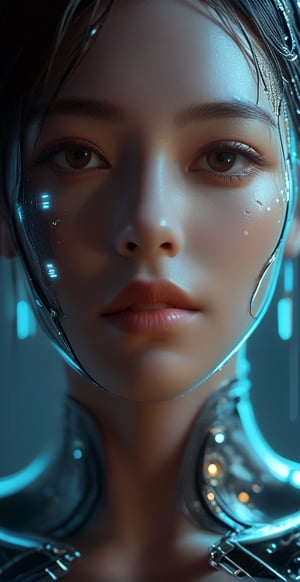 ((cowboy shot)),Macro photo showcasing  a futuristic, humanoid figure's face, adorned with intricate jewelry and electronic interfaces. Her gaze is intense, and her skin glows with a mix of natural and neon hues. The detailed view reveals cascading digital rain and illuminated lines, enhancing the cybernetic ambiance. in wide ratio,, smile, (oil shiny skin:1.3), (huge_boobs:2.6), willowy, chiseled, (hunky:2.0), body turn -46 degree, (perfect anatomy, prefecthand, dress, long fingers, 4 fingers, 1 thumb), 9 head body lenth, dynamic sexy pose, breast apart, ((full body:1.2)), (artistic pose of a woman),chrometech