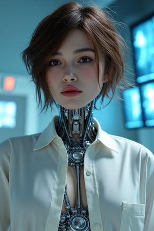 Cyberpunk female android wearing a white shirt, ((The shirt is wet and transparent)),see-through clothes, A cybernetic body can be seen underneath, light reflecting off the mirrored mechanical body, short wavy brown hair, and piercing eyes. Mechanical neck and chest with intricate details. Futuristic background with holographic elements. Anime style, high-contrast lighting, detailed mechanical parts, elegant yet robot-like poses, and a sophisticated and mysterious atmosphere.,FuturEvoLabMecha
