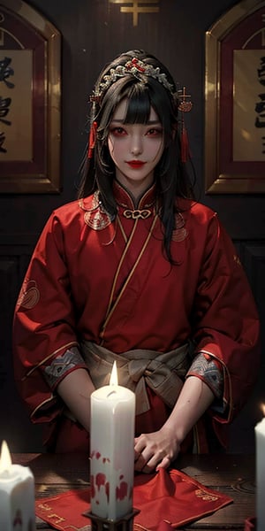 Masterpiece, Best Quality, Beautiful, High Quality, High Resolution Aesthetics, Detailed, Extremely Detailed, Ambient Soft Lighting, Perfect Eyes, Perfect Face, Somber Expression, 1girl, long black hair, hair accessories, 
Horror atmosphere, ancient Chinese bride, sitting in the room, candles on the table, red traditional Chinese dress, pale face, exquisite headdress, red lips, weird smile, a picture full of horror atmosphere,epiC35mm, qzcnhorror,from_pov