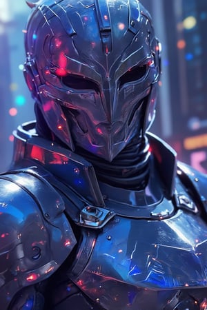 Cowboy shot,A photorealistic portrait of a royal knight girl in futuristic armor, with sleek, metallic surfaces that reflect a neon-lit cityscape. The armor is intricately detailed with holographic emblems and glowing circuits, giving it a high-tech, regal appearance. The knight’s face is partially covered by a transparent, visor-like helmet, revealing sharp, noble features and piercing eyes. The background is a bustling futuristic city with towering skyscrapers and flying vehicles, bathed in cool blue and purple hues.
