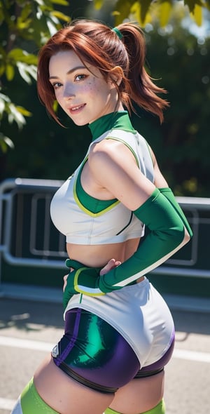 Upper body ,1girl ,A new Overwatch defensive hero character with short length copper hair tied up in a pony tail, green eyes and freckles, who is wearing a dark purple and bright green coloured outfit, that looks like sports athletic shorts and a high neck and sleeveless top with gauntlets and shin armours, and white sneakers, also with compression sleeves on, holding a medium sized force field shield and followed by a little circular white and green flying droid,outdoor,blurry background,smile,,(oil shiny skin:1.2), (big_boobs), willowy, chiseled, (hunky:1.4),(perfect anatomy, prefect hand,), 9 head body lenth, dynamic sexy pose, (artistic pose of awoman),(upper body,from_back:1.3)