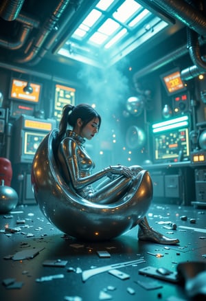 A cinematic film still of a young girl, clad in a metal futuristic bodysuit, sits alone in an artificial egg- shell amidst a futuristic laboratory. Neon lights glow softly, casting intricate shadows on the metallic environment. Fragments of the shell scatter around her, surrounded by advanced electronic devices and atmospheric fog. Particles float in the air as she sits in contemplation. The camera captures a shallow depth of field with a cinematic angle, featuring a beautiful bokeh effect. Vignette and film grain enhance the high-res image's moody, epic atmosphere, with a 4K ultra-detailed finish.