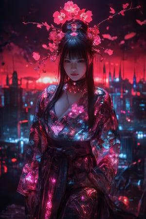 In a desolate post-apocalyptic Moscow Kremlin, ravaged by chaos and destruction, a lone cyborg stands amidst the ruins. Her fluorescent pink eyes glow bright amidst the fiery red sky ablaze with flames and dark black clouds. She wears a stunning kimono with floral print of cherry blossoms, its delicate petals fluttering in the wind. A soft smile plays on her lips as she looks directly at the viewer, her parted bangs framing her face like a work of art. Her long black hair flows down her back, adorned with a hair ornament that shines like a beacon of hope. The once-beautiful fabric is now tattered and worn, mirroring the destruction surrounding her. A delicate bow adorns her neck, complementing the intricate jewelry wrapping around her upper body. Amidst the devastation, she stands frozen in time, her beauty and poise a defiant declaration against the backdrop of destruction. Upper body, 4K, best quality, masterpiece.