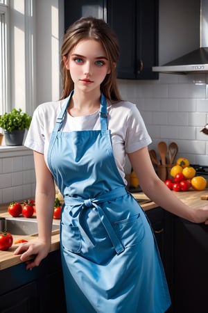 A 18-year-old young female chef posing in the kitchen Generate hyper realistic image of a woman wears apron,and soft blue eyes.  Set the scene in a kitchen,up close,topless,sexy,teasing,huge breast,dynamic sexy poses,