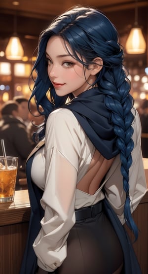 //quality, (masterpiece:1.331), (detailed), ((,best quality,)),//,(1girl),solo,//,(dark blue_hair:1.3),hairstyle,wavy hair, long hair, ((,single braid,)),detailed eyes, yellow eyes,//, dress,(black cloak), belt,black pantyhose,gloves,//,:),//,(walking:1.2),//,dark forest,trees,,wind effect, hood on, bar, drinking in a crowded bar.
,blurry_background,smile,looking_at_viewer,(oil shiny skin:0.8), (big_boobs), breast apart,willowy, chiseled, (hunky:1.4),(perfect anatomy, prefect hand,), 9 head body lenth, dynamic sexy pose, (artistic pose of awoman),((upper body ,from_back:1.3)),sexy woman,stockings,r1ge