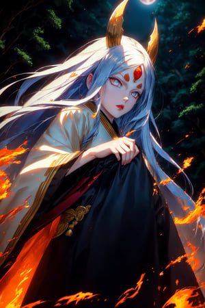 masterpiece,best quality,highly detailed,ultra-detailed,an extremely delicate and beautiful,masterpiece,1girl, solo,kaguya,mature female, long pure white long hair, absurdly long hair, third eye,horns, pale skin,white short eyebrows, pure white otsutsuki kimono, perfect eyes,floating hair, sexy pose, High quality 7k, High resolution ,fully_clothed, Meteorites with magma falling from the sky at night,third eye,pale skin,dynamic pose, dynamic poses, ( backview), (looking upward:1.2), (long shot:1.5), (from below:1.2),forests,big trees,temples,red full moon,r1ge,asian girl,Detailedface
