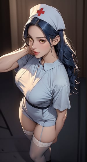 (American Female gorgeous:1.4), (dark blue Hair in long wavy:1.3), (pale white Skin:1.2), (intense yellow eyes looking up:1.3), (nurse attire:1.4), (sheer black thigh-high stockings:1.3), (small_breast:1.1),(thick thighs:1.2), (wide hips:1.2), (long legs:1.2), ((big ass)), ( lips seductively:1.4), (arched eyebrow:1.2), (still standing provocatively:1.4),(glimpse of occult symbols:1.2), night, (sinister atmosphere:1.3), (gothic hospital),Insane Details, Ultra Realistic, Dramatic Lighting, 8K resolution, photorealistic, moody ambiance, Masterpiece,
,blurry_background,smile,looking_at_viewer,(oil shiny skin:0.8), (big_boobs), breast apart,willowy, chiseled, (hunky:1.4),(perfect anatomy, prefect hand,), 9 head body lenth, dynamic sexy pose, (artistic pose of awoman),((medium full shot,from_above:1.3)),