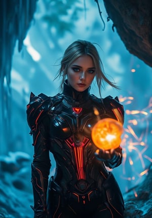 a cyborg girl in mecha armor,20yo,black and red colored armor,neon light lines glowing,exquisite face,soft shiny skin,blonde hair blowing,blue eyes, ., Exploring a stunning ice cavern, with crystalline ice formations, shimmering walls, and a glowing blue light emanating from the depths of the cave., Vibrant colors,Cobalt blue and yellow colors , realistic,detailed,masterpiece,best quality,sharp focus,high contrast,rule of thirds,depth of perspective,trending on artstation,chiaroscuro lighting, 
 . (((Rise her hand crackling with huge fire ball as she gazes directly at the camera,.,))),goth girl