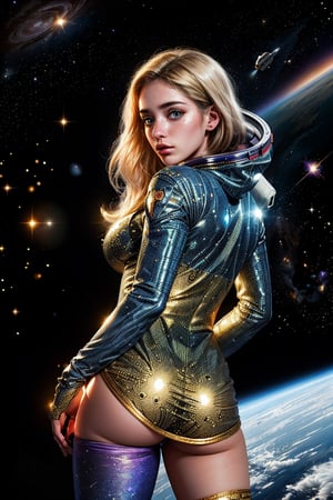 (best quality, masterpiece, perfect face, beautiful and aesthetic:1.2, colorful, dynamic angle, highest detailed face) fashion photography of cute astronaut girl with long iridiscent golden hair, in space (intricate details, hyperdetailed:1.15), detailed, sunlight passing through hair, (beautiful galaxy background), (high contrast, official space art, extreme detailed, highest detailed), HDR,smile, (oil shiny skin:1.2), (big breast:1.3), (perfect anatomy, prefecthand, long fingers, 4 fingers, 1 thumb), 9 head body lenth, breast apart, (upped body:1.0), looking at viewer, (from behind:1.3)