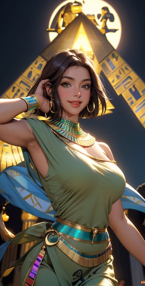 Upper body, (masterpiece, best quality), 1girl, Dynamic pose:0.8,solo, look at viewer,bob cut hair, straight hair, skirt, ((brown hair)), green eyes, dress, cleavage, bare shoulders, jewelry, choker, (((dark skin))), necklace, off shoulder, (((dark-skinned female))), neck ring, (((egyptian))), (((egyptian clothes))), (((night,moon))),blurry background, smile,looking_at_viewer,(oil shiny skin:0.8), (big_boobs), willowy, chiseled, (hunky:1.8),(perfect anatomy, prefect hand,), 9 head body lenth, dynamic sexy pose, (artistic pose of awoman),from_below