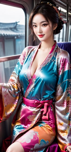 Best quality, masterpiece, ultra high res, (photorealistic:1.4), raw photo, a person is sitting on a train, her legs sticking out, in the style of futuristic psychedelia, elaborate kimono, candid shots of famous figures, swirling vortexes, dark magenta and orange, sculptural costumes, photorealistic scenes),  smile,(oil shiny skin:1.0), (big_boobs:1.2), willowy, chiseled, (hunky:1.6),(( body rotation -90 degree)), (upper body:1.6),(perfect anatomy, prefecthand, dress, long fingers, 4 fingers, 1 thumb), 9 head body lenth, dynamic sexy pose, breast apart, (artistic pose of awoman),more detail XL,Movie Still,photo r3al,samurai,Red mecha,1 girl