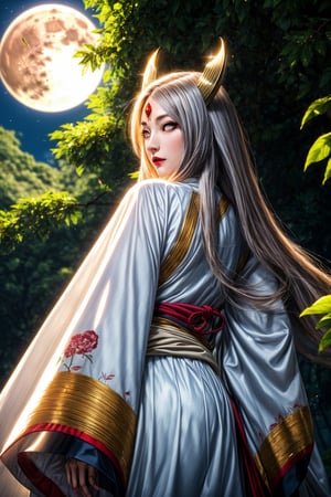 masterpiece,best quality,highly detailed,ultra-detailed,an extremely delicate and beautiful,masterpiece,1girl, solo,kaguya,mature female, long pure white long hair, absurdly long hair, third eye,horns, pale skin,white short eyebrows, otsutsuki kimono, perfect eyes,floating hair, sexy pose, High quality 7k, High resolution ,fully_clothed,third eye,pale skin,dynamic pose, dynamic poses, ( backview), (looking upward:0.8), (long shot:1.5), (from below:1.0),forests,big trees,temples,red full moon,