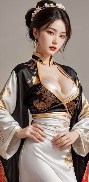 A girl, Interstellar Musician A woman with vibrant hair like solar flares and eyes that hold the rhythm of the cosmos, plays a celestial instrument amidst an asteroid field. Her flowing gown, adorned with musical notes and shooting stars, reflects the melody she weaves through the void. She wears a full-body outfit with wide sleeves, consisting of a pure white Han dynasty attire adorned with concentric circle patterns in beige, and a black collar with red diamond-shaped patterns. Two yellow peony flowers adorn her head. She drapes a red silk scarf over her shoulders, wears a white jade bracelet on her wrist, and holds an incense stick while using a bronze incense burner. (long straight black hair with bangs),(clearly grown eyes),looking at viewer,longfade eyebrow, soft make up, ombre lips, perfect skin,(huge breasts),busty body,, slender legs,frosty,(beauty salon theme:1.5),Hands on hips, finger detailed,hand detailed,feet detailed,toes detailed, background detailed, ambient lighting, extreme detailed, cinematic shot, realistic illustration, (soothing tones:1.3), (hyperdetailed:1.2), masterpiece, (RAW photo, best quality), (realistic, photo-Realistic:1.3), best quality, masterpiece, beautiful and aesthetic, 16K, (HDR:1.4), high contrast, (vibrant color:1.4), (muted colors, dim colors, soothing tones:0), cinematic lighting, ambient lighting, sidelighting, Exquisite details and textures, cinematic shot, Warm tone, full body(Bright and intense:1.2), (masterpiece, top quality, best quality, official art, beautiful and aesthetic:1.2), hdr, high contrast, wideshot(highly detailed skin: 1.2), sun exposure,outdoor,tranquility, Normal feets,feets with socks, Legs crossed normally,hands crossed normally,Normal feets,normal nipples,Normal body,normal limbs,Normal ass,normal toes No missing limbs,no Excessive text and watermark
, smile, (oil shiny skin:1.0), (big_boobs:2.3), willowy, chiseled, (hunky:2.6),(( body rotation -35 degree)), (upper body:0.8),(perfect anatomy, prefecthand, dress, long fingers, 4 fingers, 1 thumb), 9 head body lenth, dynamic sexy pose, breast apart, (artistic pose of awoman),xxmix_girl,Eimi